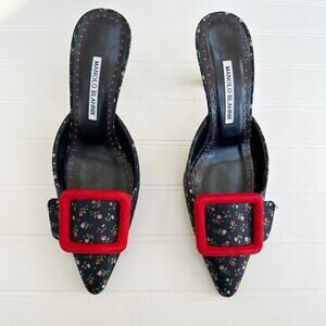 Manolo Blahnik Brocade Navy Floral Red Buckle Mules